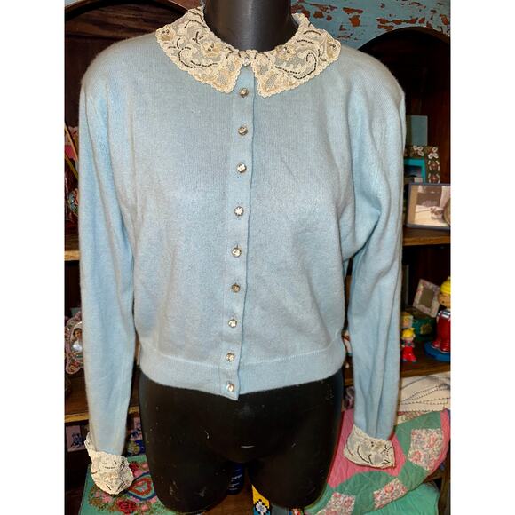 VINTAGE LACE PEARL BEADED COLLAR RHINESTONE BUTTON CASHMERE CARDIGAN SWEATER - Picture 1 of 10